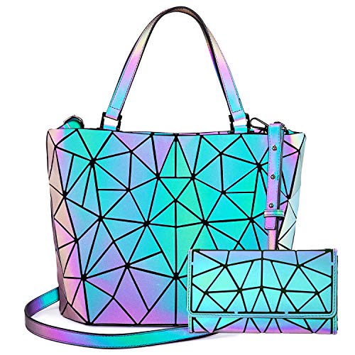 LOVEVOOK Geometric Luminous Purses and Handbags for Women Holographic Reflective Crossbody Bag Wallet - color: Purse Sets