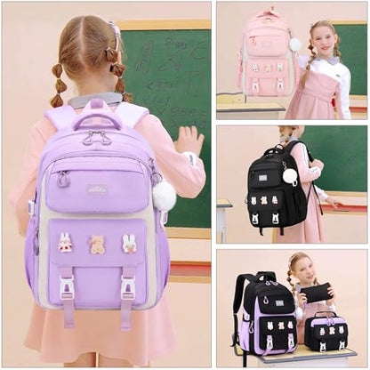 DIGOBAY 3PCS Girls Backpack for School, Kids Backpack for Girls with Lunch Box Pencil Case Set for Teen Girl Elementary Primary Middle High College School Bookbag with Cute Pins (Purple) - color: Purple
