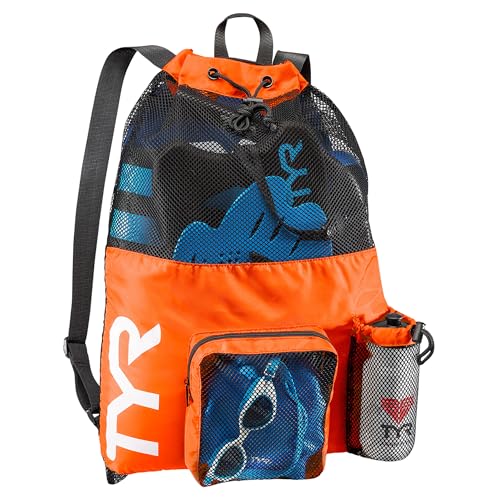 TYR Big Mesh Mummy Backpack for Swim, Gym and Workout Gear, Black, 40-Liter Capacity - color: Orange