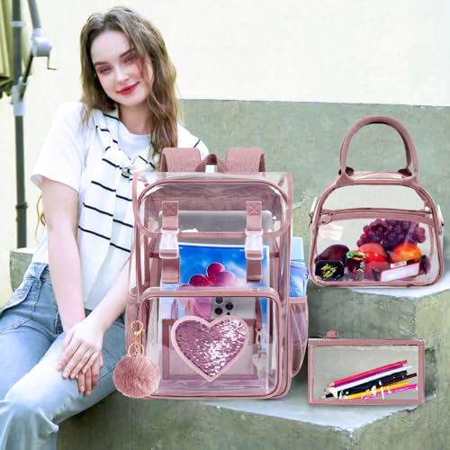3Pcs Pink Clear Backpack for Girls, School Kids Transparent Bookbag Set, 17" Stadium Approved See Through Backpack with Lunch Box (Pink) - color: Clear Sequins Pink