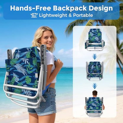5-Position Backpack Beach Chair for Adults with Lumbar, Foldable Tall Heavy-Duty Beach Chairs with Cooler Bag,Cup Holder,Towel Rack for Beach, Camping, Outdoor