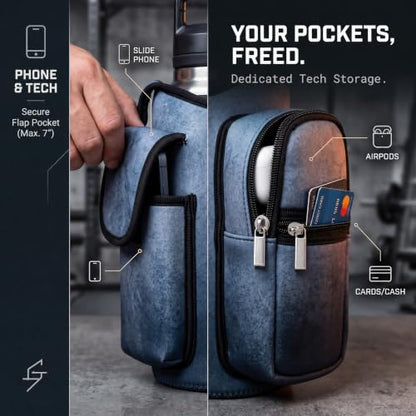 Magnetic Gym Tote,18-40oz Water Bottle Bag Holder,Neoprene Case Pouch with Phone Pocket,Men Women Workout Accessories - color: Industrial Black