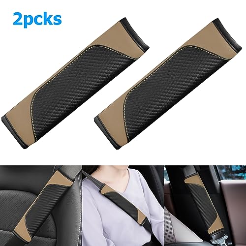 AUCELI 2PCS Car Seat Belt Cover, Carbon Fiber Seatbelt Shoulder Strap Covers, Breathable Leather Soft Harness Pad Protect Your Neck and Shoulder Compatible with Cars - color: Black/Beige