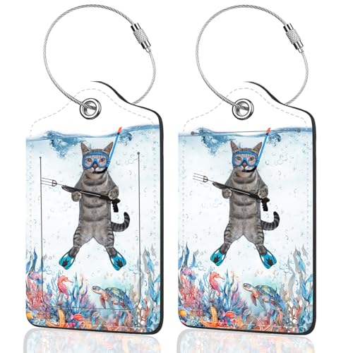 2Pack Luggage Tags for Suitcases, Cute Unique Pu Leather Cruise Luggage Tag with Privacy Cover ID Label Address Card and Metal Ring Suitable for Women Men Kids Travel Bag The Diving Cat - color: The Diving Cat