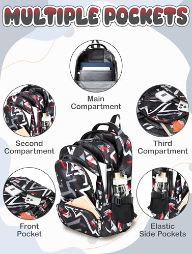 BLUEFAIRY Kids Backpack with Lunch Box for Girls Boys Elementary Primary Middle School Bag with Lunch Bag Set 17 Inch Bookbag Mochilas Escolares para Niñas Niños (Geometric, Black) - color: Black