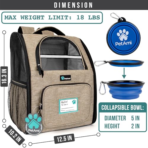 PetAmi Dog Backpack Carrier for Small Medium Dogs Large Cats up to 18 lbs, 2 Side Entry, Structured No-Collapse Frame, Airline Approved Ventilated Pet Backpack for Hiking Camping Travel Vet, Taupe - color: Heather Taupe