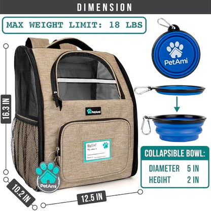 PetAmi Dog Backpack Carrier for Small Medium Dogs Large Cats up to 18 lbs, 2 Side Entry, Structured No-Collapse Frame, Airline Approved Ventilated Pet Backpack for Hiking Camping Travel Vet, Taupe - color: Heather Taupe