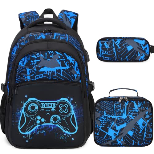 DIGOBAY Boys Backpack for School, 3PCS Cool Luminous Gamer Backpack for Boys with Lunch Box Pencil Case, Kids Backpacks Bookbag for Teen Boy Elementary Middle High School with USB Charging Port - color: Blue