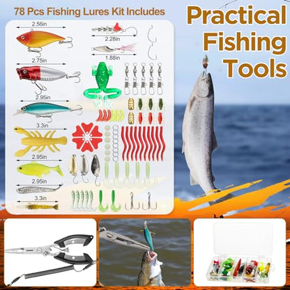 RoundFunny 85 Pcs Fishing Backpack with Tackle Boxes, Tackle Sling Bag with Rod Holder, Fish Lures and Pliers, Fish Tools Gears & Equipment Father's Day Fishing Gift for Dad Men - color: Khaki