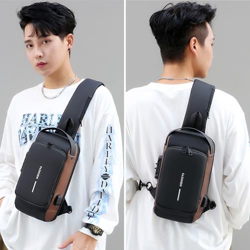Sling Bag for Men Anti-theft USB Crossbody Shoulder Backpack Purse Waterproof PU Leather Chest Bag Travel Daily Use - color: Brown