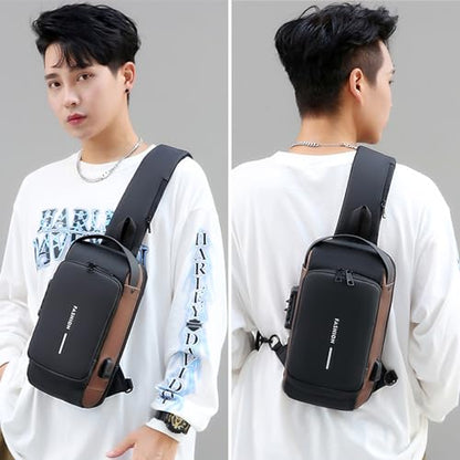 Sling Bag for Men Anti-theft USB Crossbody Shoulder Backpack Purse Waterproof PU Leather Chest Bag Travel Daily Use - color: Brown