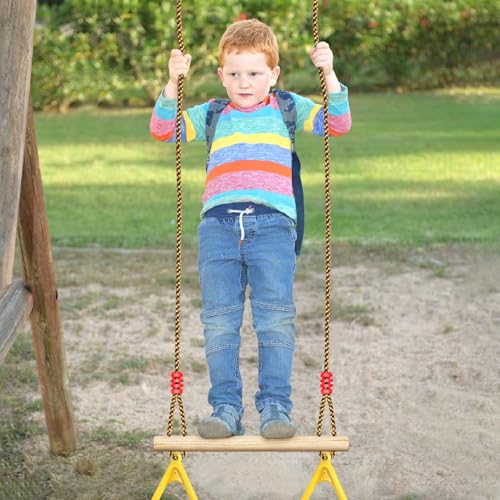 LadyRosian Wooden Trapeze Swing Bar, Adjustable Height Swing Set, Gym Rings, Playground Attachments, 16.5" Monkey Bar for Backyard, Playground, Playroom - color: Yellow