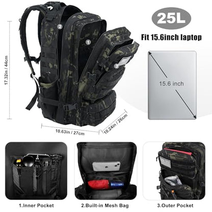 Military Tactical Backpack 25L Day Backpack for Men Molle Army 3 Days Assault Pack Bug Out Bag Water Resistant and Heavy Duty Hiking Treeking Rucksack - Black Camo - color: Black Camo, size: 25L