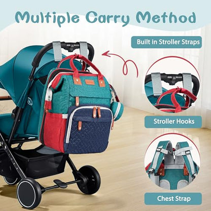 JOYCE Diaper Bag Backpack with Changing Pad, Water-Resistant, Blue-Green | Portable changinag pad, insulated bottle pockets, stroller straps, pacifier case, Multi-Compartment storage - color: Blue-green