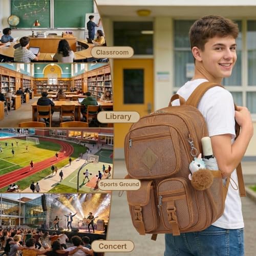 Mesh Backpack for Girls Boys, Heavy Duty Semi-Transparent Mesh Bookbag Womens Mens Mesh Backpacks for School, Sports, Beach, Swimming, Travel Khaki - color: Khaki