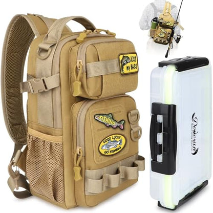 Dovesun Small Fishing Backpack with Tackle Boxes Fishing Sling Bag DIY Embroidery Patches Tackle Bag Gift for Men Khaki - color: A: Fishing Tackle Backpack(khaki)