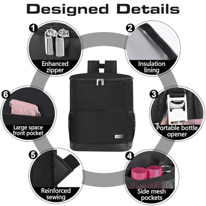 Insulated Cooler Backpack Outdoor - Leak Proof Backpack Cooler 30 Cans, Waterproof Lightweight Cooler Bag for 12h Hot/Cold Retention - Soft Cooler for Travel, Camping, Beach, Lunch - color: All-Black