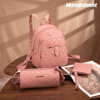 Montana West 3Pcs Anti Theft Backpack Purse for Women Small Quilted Backpack Set - color: Z-3pcs Pink