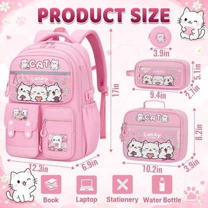 Cat Backpack for Girls, 4 PCS Girls Backpack with Lunch Box Set, Cute Kawaii Large Laptop Bookbag, School Bag for Elementary Kids & Teens - color: Cat