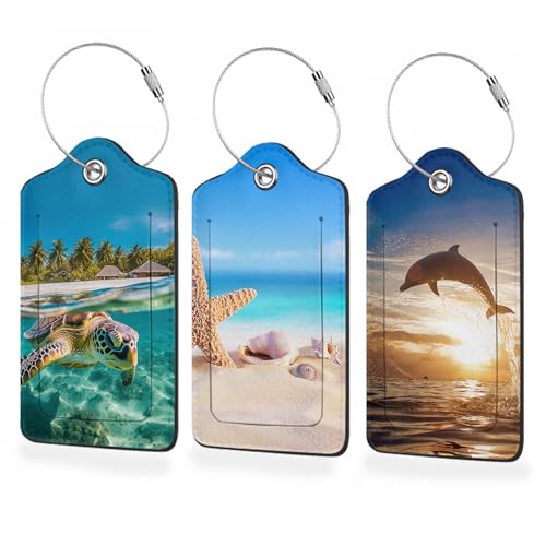 Sea Turtle Dolphin Starfish 3 Pack PU Leahter Luggage Tag,Marine Animal Leather Suitcase Tags with Privacy Cover Name Address Labels and Metal Ring,Quickly Spot for Bags - color: Sea Turtle Dolphin Starfish, Marine Animal