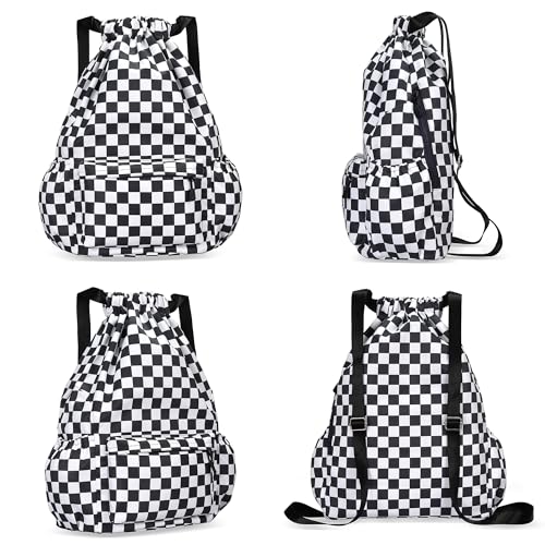 Drawstring Backpack for Women Drawstring Gym Bag Water Resistant Small Cinch Sack Pull String Backpack Bag (Checkered-Black) - color: Checkered-black