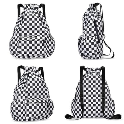 Drawstring Backpack for Women Drawstring Gym Bag Water Resistant Small Cinch Sack Pull String Backpack Bag (Checkered-Black) - color: Checkered-black