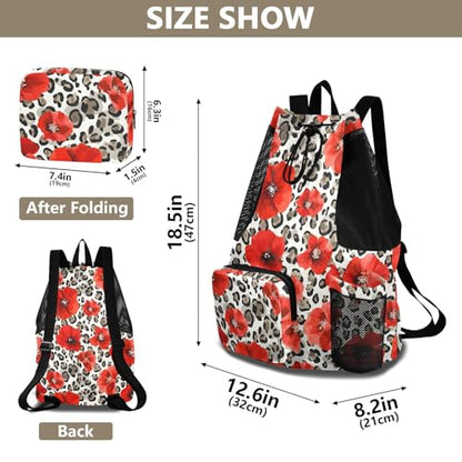 Bolaz Beach Drawstring Backpack Mesh Swim Bag for Women Red Poppy Leopard Cheetah Swimming Gym with Wet Pocket Packable Sports - color: Red Poppy Leopard Cheetah
