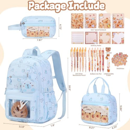 Capybara Theme Backpack for School Girls, 35PCS Kids Backpack Set with School Supplies Stationery Kit Lunch Box Pencil Case, Cute Girls Bookbag for Kindergarten Elementary Student - color: Blue