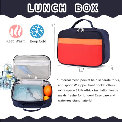 Backpack Set for Girls Boy Kids Backpack with Lunch Box for Elementary Primary Kindergarten School Bag (Navy Red Set, Large) - color: Navy Red