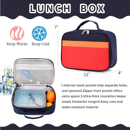 Backpack Set for Girls Boy Kids Backpack with Lunch Box for Elementary Primary Kindergarten School Bag (Navy Red Set, Large) - color: Navy Red