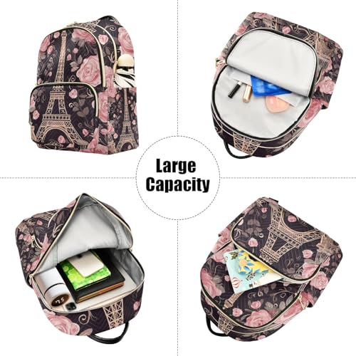 Paris Flowers Eiffel Tower Mini Backpack for Women Quilted Small Backpack Purse Causal Daypack for Travel, M - size: Medium