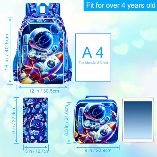 16" Space Backpack for Boys, 3Pcs Astronauts Bookbag with Lunch Box, Kids School Backpacks Set for Elementary Preschool Kindergarten (Blue) - color: Astronaut Blue