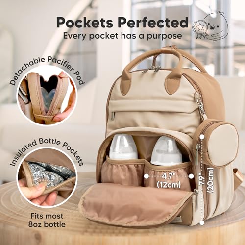KeaBabies Diaper Bag Backpack - Small Multifunctional Travel Diaper Back Packs, Maternity Baby Changing Bags, 12L Capacity, PU Leather, Waterproof, Unisex, Nappy Changing Pad (Latte, Small) - color: Latte, style: Small / 13" H