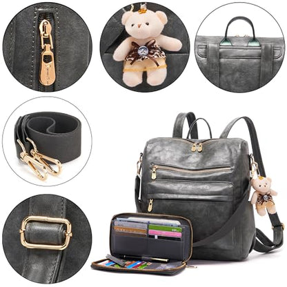 Soperwillton Women Backpack Purse Multipurpose Design Handbags Shoulder Bag PU Leather Travel bag Backpack Set 2pcs - color: Darkgrey