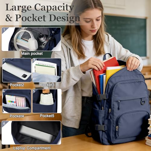 Lightweight College Backpack for Women Men Cute School Bag for Teens Girls Boys High School Backpack for Students Waterproof Casual Daypack Backpack（Dark Blue） - color: A5-dark Blue