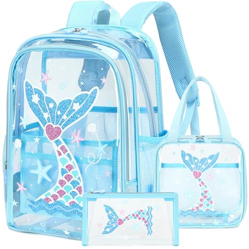 AO ALI VICTORY Clear Backpack for Boys Girls,15.6 Inch Kids Clear Backpack Set with Lunch Bag Pencil Case PVC Elementary Bookbag School Student See Through Transparent Travel Back Pack, Blue Mermaid - color: Blue Mermaid 3pcs