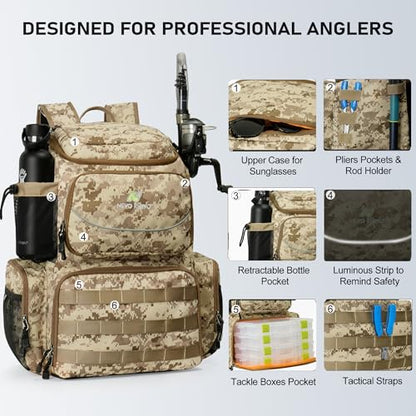 N NEVO RHINO Fishing Tackle Backpack with Rod Holders, 40L Large Fishing Bag with Waterproof Rain Cover,Outdoor Tackle Bag - color: Camouflage Yellow Pack with 4 Trays, size: Pack with 4 Trays