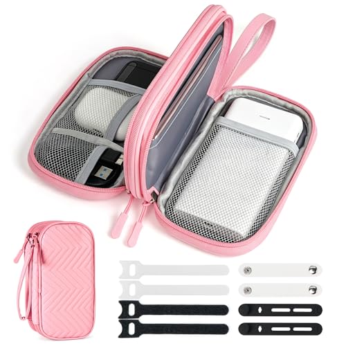 Travel Essentials Electronics Organizer, Double Layers Cable Organizer Bag for 3ft+ Cords, Waterproof PU Leather Tech Pouch for Charger, Phone & Airplane Gadgets, Sakura Pink - color: Sakura Pink, size: Small