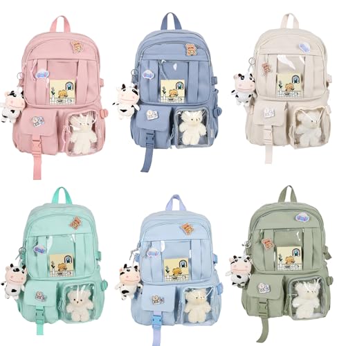 Kawaii Backpack with Cute Bear Plush Kawaii Pin Accessories Large Capacity Aesthetic School Bags Cute Bookbag for Girls Teen Purple - color: Purple