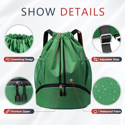 PinCute Drawstring Backpack for Women Men, Gym Bag for Soccer, Basketball, Swim, Beach, Water-Resistant Sports Backpack with Wet Pocket and Shoe Compartment, Dark Green - color: Dark Green
