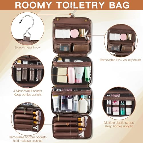 Elviros Hanging Toiletry Bag Removable Travel Bag PU leather Makeup Cosmetic Organizer Kit, Coffee - color: Coffee
