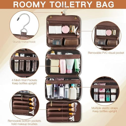 Elviros Hanging Toiletry Bag Removable Travel Bag PU leather Makeup Cosmetic Organizer Kit, Coffee - color: Coffee