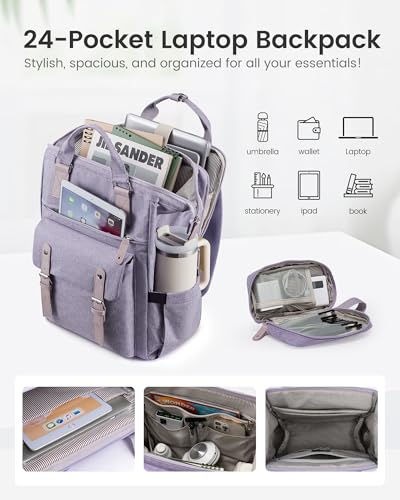 LOVEVOOK Laptop Backpack for Women with Giant Tumbler Holder Pocket,17.3 inch Waterproof Travel Backpack Purse Computer Laptop Bag - color: Purple Black, size: 17.3 Inch D-Cup