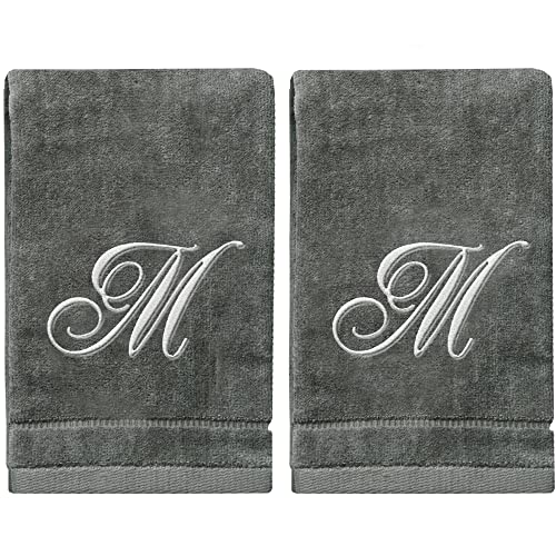 Personalized Initial Fingertip Towels - 2 Pack 11 x 18 Inches - Silver Embroidery On Gray Towel, Modern Monogrammed Towels, Great Initial Gift for Women, Teachers, Friends, Bridesmaids Initial M - color: M