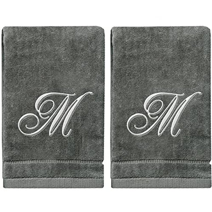 Personalized Initial Fingertip Towels - 2 Pack 11 x 18 Inches - Silver Embroidery On Gray Towel, Modern Monogrammed Towels, Great Initial Gift for Women, Teachers, Friends, Bridesmaids Initial M - color: M