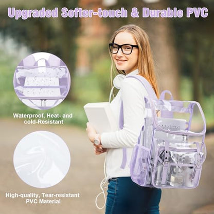 DIGOBAY Clear Backpack with Lunch Bag Set, Leather Clear Backpack Heavy Duty Thick PVC Bookbag Fashion See Through Transparent Backpacks with Support Pad for College Travel Work Purple - color: Purple1