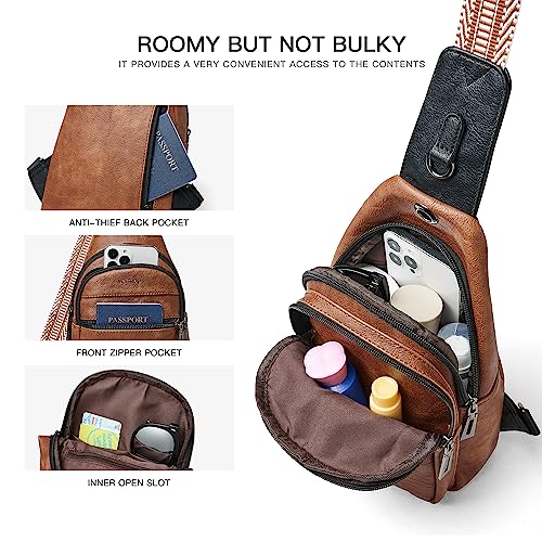 LATMAP 7L Sling Bag For Women Faux Leather Anti Theft Small Casual Daypack Backpack Fanny Pack Crossbody Chest Bags Purse Waterproof - color: 7l-brown W/ Black Trim