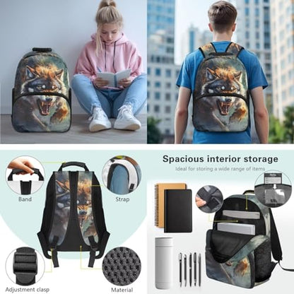 JEOCODY Cool Wolf Backpack Kids School Bag with Lunch Bag Pencil Case Water Bottle Holder Casual Boys Girls Daypack for Travel Hiking Satchel Bagpack 4 Piece Bookbag Purse Set - color: Cool Wolf Patterns