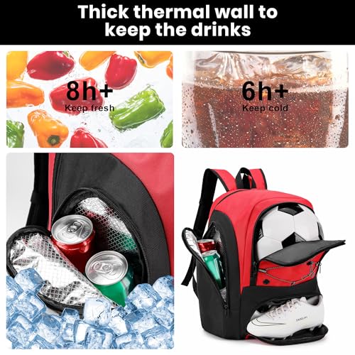 Soccer Backpack with Ball Holder,Youth soccer Bag for Basketball,Volleyball-Includes Separate Shoe Compartment&and Insulation (Red) - color: Red