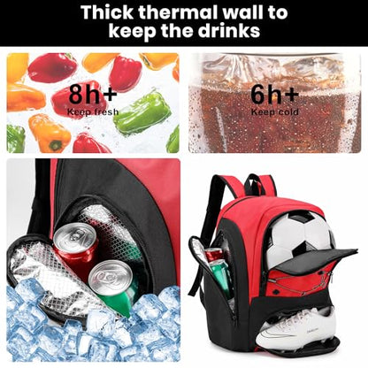 Soccer Backpack with Ball Holder,Youth soccer Bag for Basketball,Volleyball-Includes Separate Shoe Compartment&and Insulation (Red) - color: Red